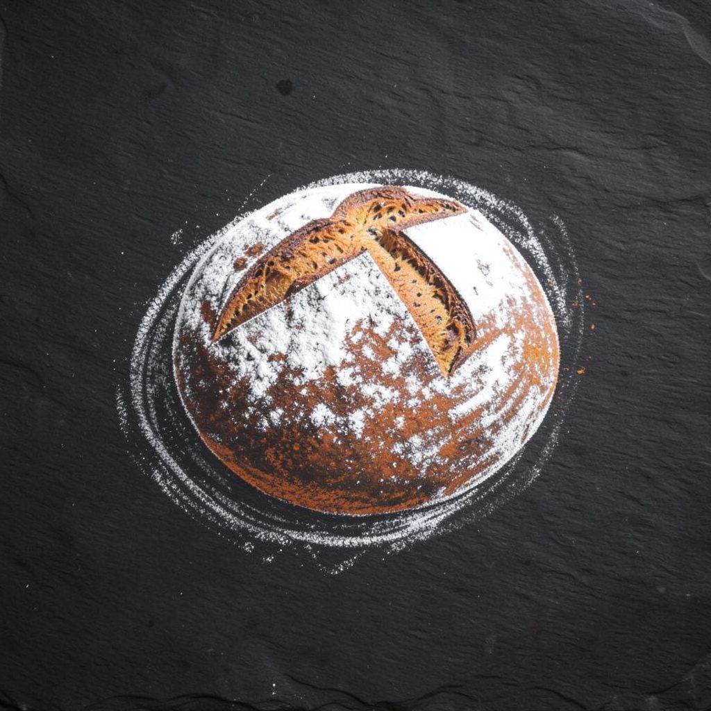 Chalk sketch of a loaf of soaked flour bread on a dark slate board, warm taupe and cream tones